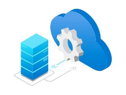 Icon mit Server, Zahnrad und Wolke in Blau und Weiß