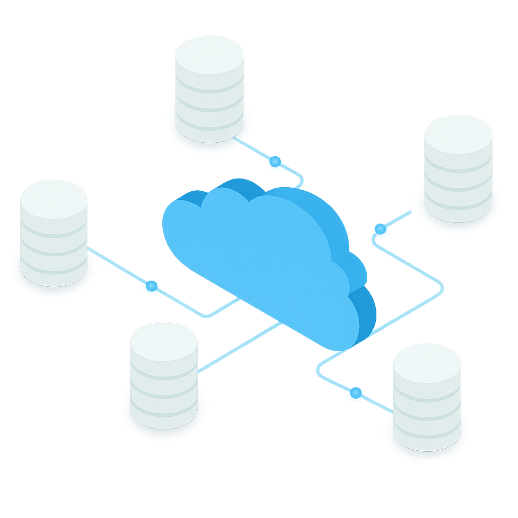 Ein blauer Cloud-Symbol verbindet mehrere Serversymbole, die für IT-Sicherheit und Microsoft Azure-Backups stehen.