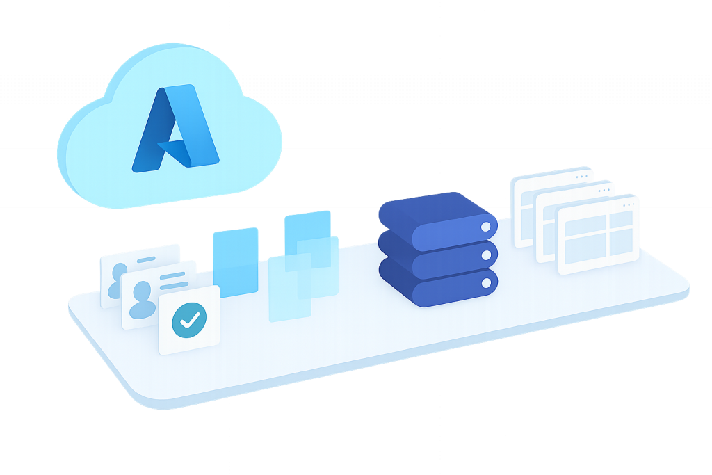 Eine Grafik zeigt das Azure-Logo über Symbolen für IT-Sicherheit und Datenmanagement von CodeKlar.