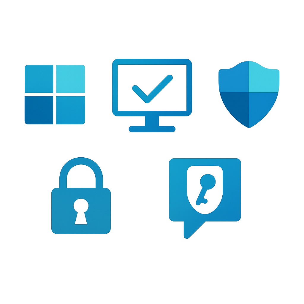 Die blauen CodeKlar-Bild-Icons zeigen Symbole für IT Sicherheit, darunter ein Schild, ein Schloss und ein Computer.