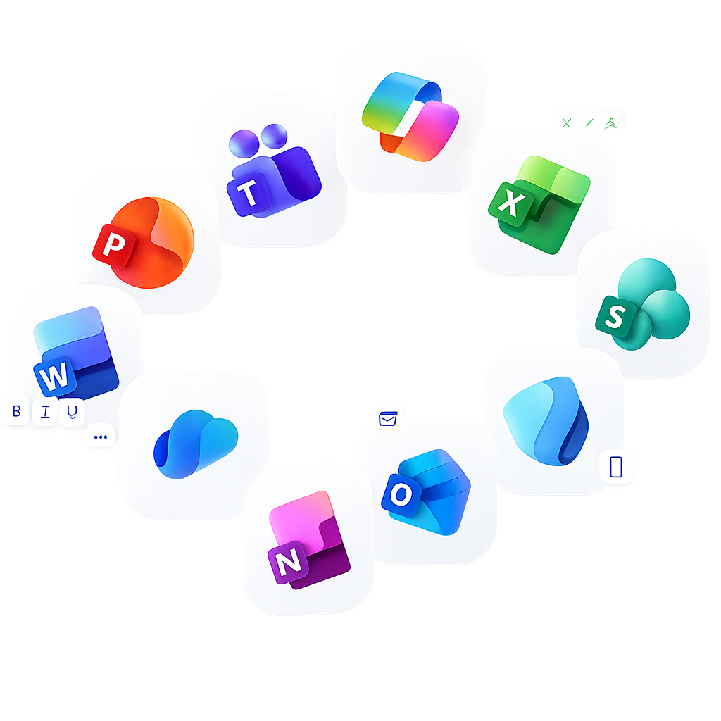 Eine Reihe von Microsoft 365 Icons, die von CodeKlar für IT Sicherheit und Cyber Security präsentiert werden.