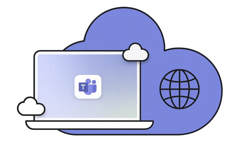 Ein Laptop mit Microsoft Teams-Logo ist in eine stilisierte blaue Cloud und Globus-Illustration eingebettet, symbolisiert IT Sicherheit.