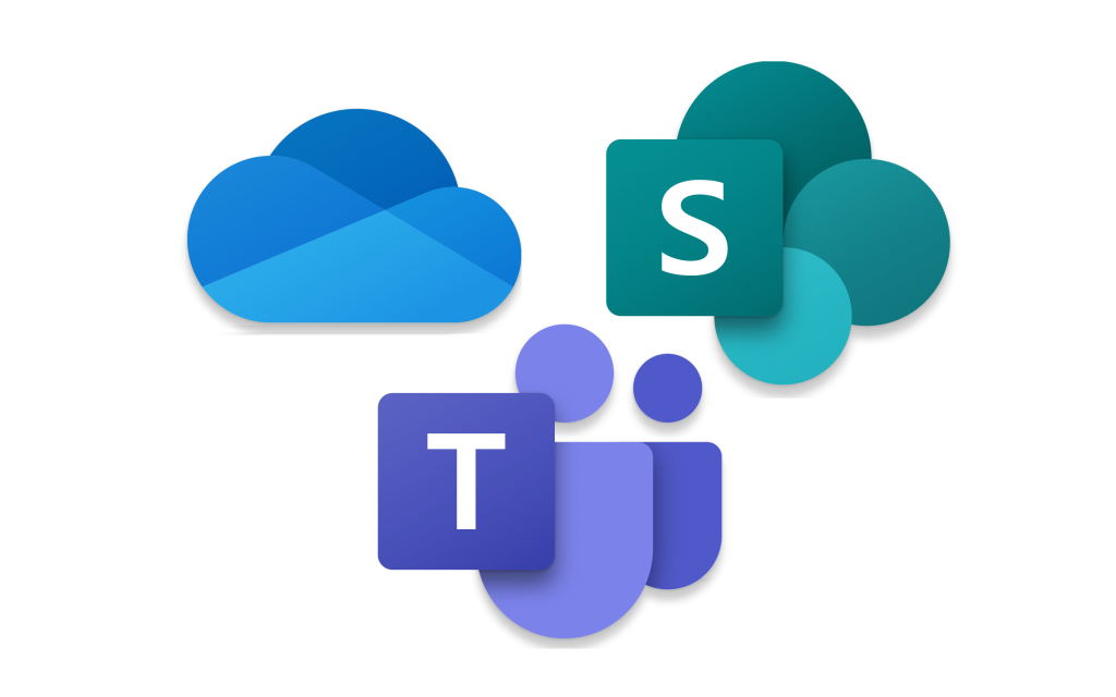 Drei Microsoft-Logos, darunter Teams und SharePoint, symbolisieren IT-Sicherheit und Zusammenarbeit.