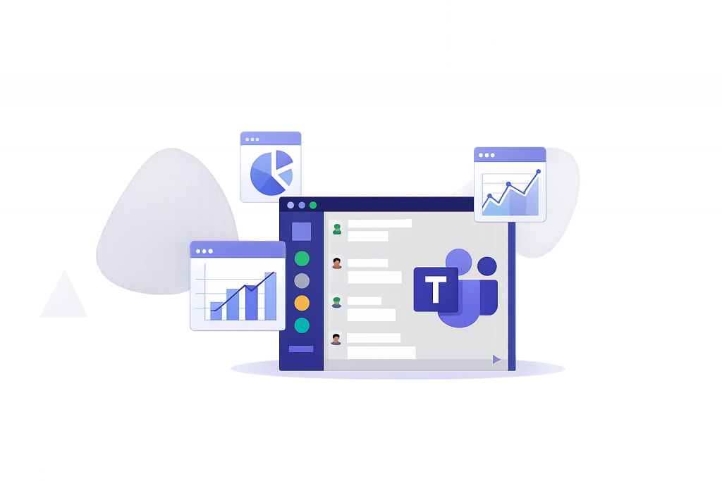 Eine Illustration zeigt Microsoft Teams mit Diagrammen zur Visualisierung von IT-Sicherheit und Cyber Security durch CodeKlar.