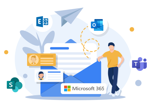 Ein Mann lehnt an einem großen Briefumschlag mit Microsoft 365-Logo, umgeben von IT-Sicherheitssymbolen.