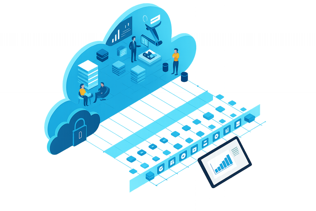 Eine Illustration zeigt eine IT-Sicherheitsumgebung mit Menschen und Servern in einer stilisierten Cloud von CodeKlar.