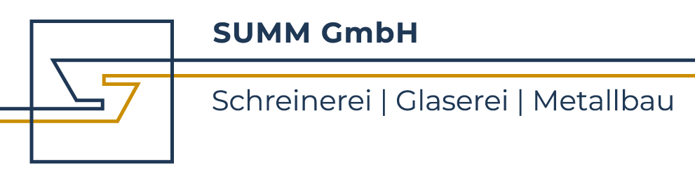 Das Logo zeigt die SUMM GmbH mit einem modernen Design in Blau und Gelb, das Schreiner-, Glaserei- und Metallbau-Dienstleistungen darstellt.