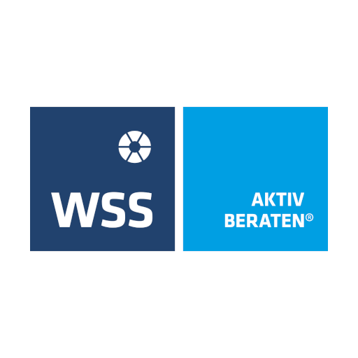 Das Logo zeigt "WSS Aktiv Beraten" in Blau und Weiß, symbolisiert IT Sicherheit und kompetente Beratung.